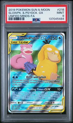 2019 POKEMON SUN & MOON UNIFIED MINDS #218 FULL ART/SLOWPOKE & PSYDUCK GX PSA 9 - Image 1