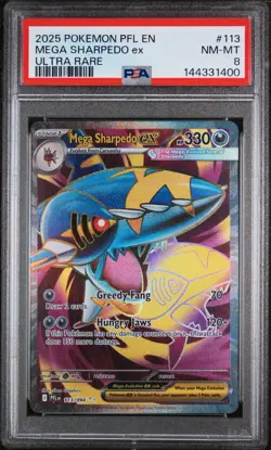 2025 POKEMON PFL EN-PHANTASMAL FLAMES ULTRA RARE #113 MEGA SHARPEDO EX PSA 8 - Image 1