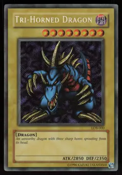 Tri-Horned Dragon LOB-000 Secret Rare REVERSE FOIL ERROR Yu-Gi-Oh - Image 1