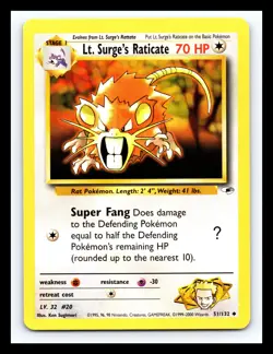 💥 Lt. Surge's Raticate (Gym Heroes Set Pokemon 2000) Vintage # 51/132 - Image 1