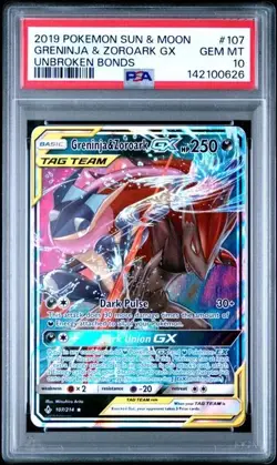 2019 Pokemon Sun & Moon Greninja & Zoroark GX #107 Unbroken Bonds PSA 10 - Image 1