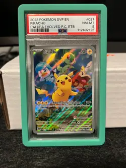 2023 POKEMON PALDEA EVOLVED POKEMON CENTER ETB PROMO #027 PIKACHU PSA 8 - Image 1