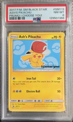 2017 Pokemon SM113 Ash's Pikachu Promo Card PSA 8 - Image 1