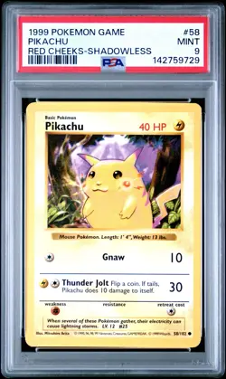 PSA 9 MINT 1999 POKEMON GAME 58 PIKACHU RED CHEEKS-SHADOWLESS ENGLISH - Image 1
