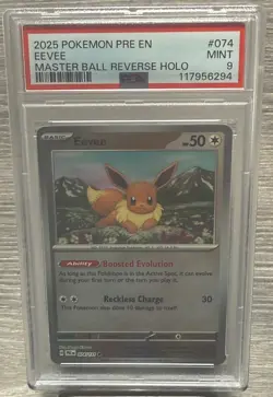 2025 Pokemon Prismatic Evolutions EEVEE MASTER BALL Reverse Holo 074/131 PSA 9 - Image 1