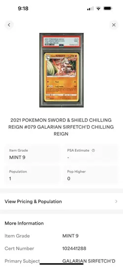 2021 POKEMON SWORD & SHIELD CHILLING REIGN #079 GALARIAN SIRFETCH'D PSA 9 Mint - Image 3