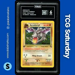1999 POKEMON FOSSIL 1ST EDITION PRERELEASE #1/62 AERODACTYL TAG 6 - Image 1