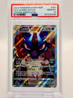 PSA 10 2023 Pokemon SWSH BSP FA/Lucario VStar Crown Zenith ETB #291 - Image 1