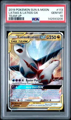 2019 POKEMON SUN & MOON TEAM UP #113 LATIAS & LATIOS GX PSA 10 - Image 1