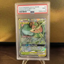 2019 POKEMON SUN & MOON COSMIC ECLIPSE #1 VENUSAUR & SNIVY GX PSA 9 - Image 1
