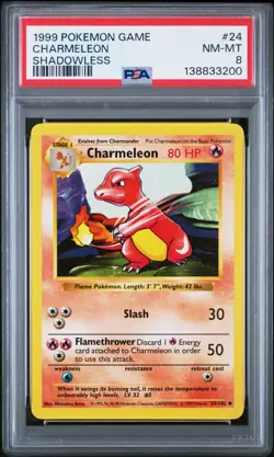 1999 Pokemon Game Base CHARMELEON SHADOWLESS #24 PSA 8 RARE - Image 1