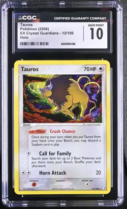 CGC 10 GEM MINT Tauros EX Crystal Guardians 12/100 Holo Pokemon Card - Image 1