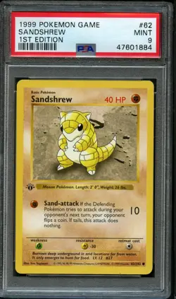 1999 Pokemon 1st Edition Shadowless Sandshrew Base Set 62/102 - PSA 9 Mint WOTC - Image 1