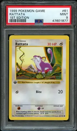1999 Pokemon - 1st Edition Shadowless Rattata Base Set 61/102 - PSA 9 Mint WOTC - Image 1