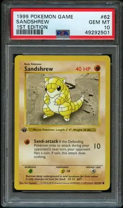 Pokemon PSA 10 GEM MINT Sandshrew 1st Edition Base Set Shadowless 1999 Card #62 - Image 1