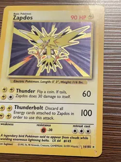 Pokemon TCG Zapdos Base Set Unlimited Holo Rare Card #16/102 MP (A) - Image 5