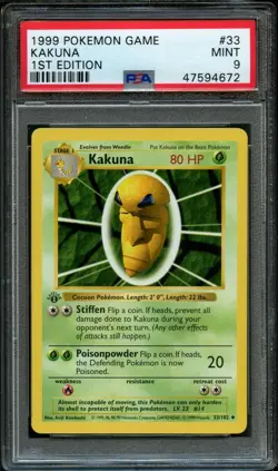 1999 Pokemon - 1st Edition Shadowless Kakuna Base Set 33/102 - PSA 9 Mint! WOTC - Image 1
