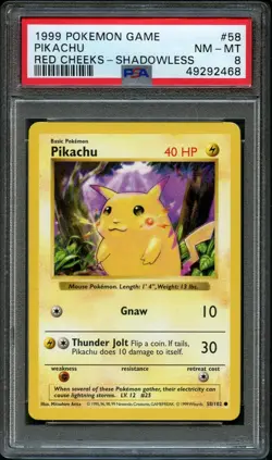 1999 Pokemon Base Set Shadowless Red Cheeks Pikachu #58 PSA 8 NM-MT - Image 1