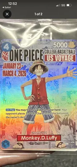 Bandai One Piece CCG Monkey.D.Luffy US Voyage Promo Holo Card P-01 5000 Power - Image 1