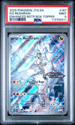 2025 Pokemon Journey Together #167 N's Reshiram Enhanced Box Topper PSA 9 Card! - Image 1