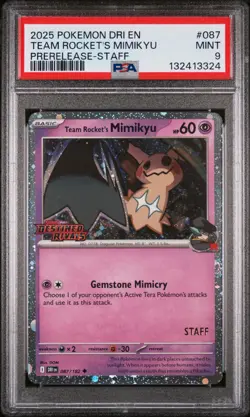 2025 POKEMON DRI EN-DESTINED RIVALS PRERELEASE-STAFF TEAM ROCKET'S MIMIKYU PSA 9 - Image 1