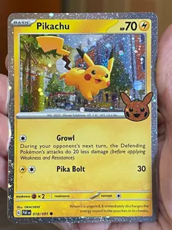 POKEMON PIKACHU 018/091 COMMON COSMOS HOLO TRICK OR TREAT PALDEAN FATES NM CARD - Image 1
