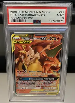 Charizard & Braixen GX #22 Cosmic Eclipse Tag Team Pokemon PSA 9 MINT 2019 - Image 1