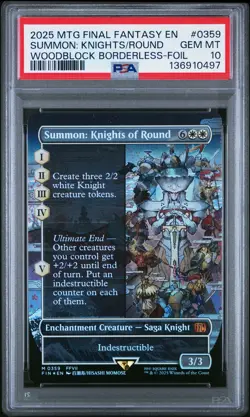2025 MTG FINAL FANTASY WOODBLOCK BORDERLESS-FOIL SUMMON: KNIGHTS OF ROUND PSA 10 - Image 1