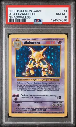 1999 POKEMON BASE SET SHADOWLESS #1 ALAKAZAM-HOLO PSA 8 - Image 1