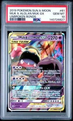 MUK & ALOLAN MUK GX 61/214 PSA 10 2019 POKEMON SUN & MOON UNBROKEN BONDS - Image 1