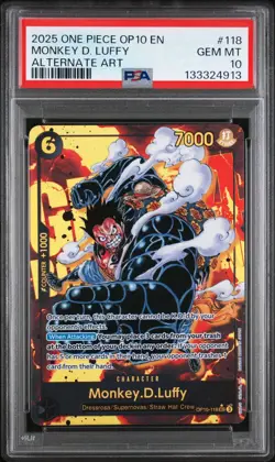 2025 ONE PIECE OP10-118 MONKEY D LUFFY ROYAL BLOOD ALT ART PARALLEL SEC PSA 10 - Image 1