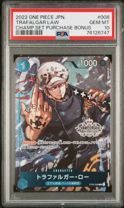 PSA 10 GEM MINT JAPANESE ONE PIECE 2022 TRAFALGAR LAW ST03-008 CHAMP. PURCHAS - Image 1