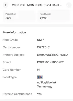 Pokemon TCG Dark Weezing PSA 7 Team Rocket 14/82 Holo Unlimited Rare Card - Image 4