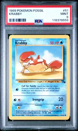 1999 POKEMON FOSSIL 51 KRABBY PSA 9 MINT - Image 1