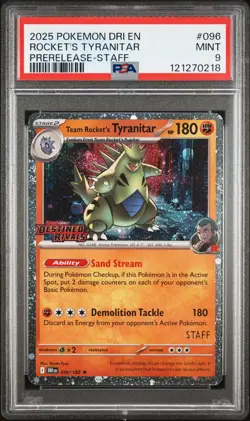 2025 POKEMON DESTINED RIVALS PRERELEASE-STAFF TEAM ROCKET'S TYRANITAR PSA 9 - Image 1