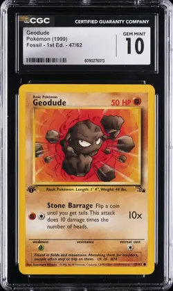 1999 POKEMON FOSSIL 1ST ED #47/62 GEODUDE CGC 10 GEM MINT - Image 1