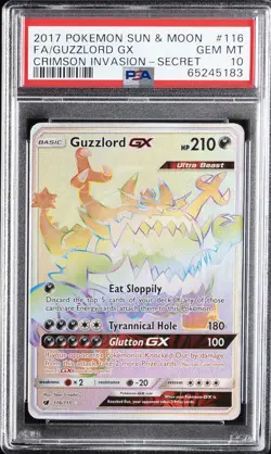 2017 POKEMON SUN & MOON CRIMSON INVASION SECRET #116 FULL ART/GUZZLORD GX PSA 10 - Image 1