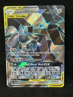 2019 Pokemon Sun & Moon Unbroken Bonds Lucario Melmetal Tag Team #203/214 - Image 1