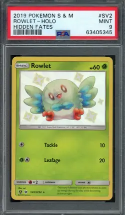 2019 Pokemon Hidden Fates Rowlet Shiny Holo Rare #SV2 PSA 9 - Image 1