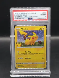2020 POKEMON SWSH GENERAL MILLS 25TH ANNIVERSARY #039 PIKACHU-HOLO PSA 8 - Image 1