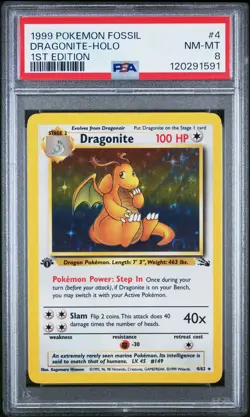 1999 POKEMON FOSSIL 1ST ED #4 DRAGONITE-HOLO PSA 8 - Image 1