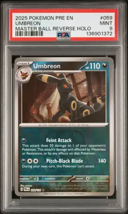 2025 Pokemon Prismatic Evolutions Umbreon #059 Master Ball Reverse Holo PSA 9 - Image 1