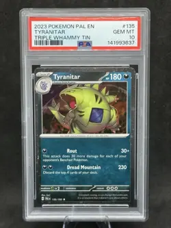 2023 POKEMON PAL EN-PALDEA EVOLVED TRIPLE WHAMMY TIN #135 TYRANITAR PSA 10 - Image 1