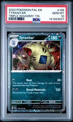 2023 POKEMON PAL EN-PALDEA EVOLVED TRIPLE WHAMMY TIN #135 TYRANITAR PSA 10 - Image 5