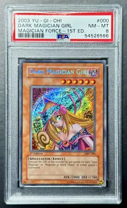 2003 Yugioh DARK MAGICIAN GIRL MFC-000 1st Edition Secret Rare PSA 8 NM-MT - Image 1