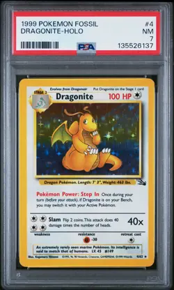 1999 POKEMON FOSSIL #4 DRAGONITE-HOLO PSA 7 - Image 1