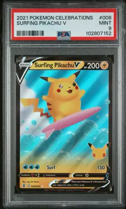 2021 Pokemon Celebrations #008 Surfing Pikachu V PSA 9 Card MINT - Image 1