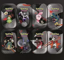 BRAND NEW Pokemon Mini Tin Display Black Bolt and White Flare Collection, 8 Tins - Image 1