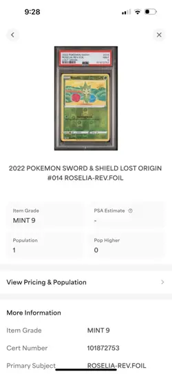 PSA 9 Mint 2022 POKEMON SWORD & SHIELD LOST ORIGIN #014 ROSELIA-REV.FOIL - Image 3