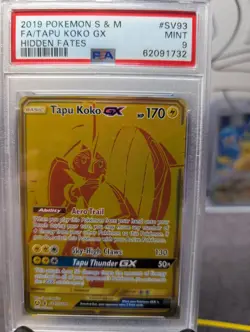 PSA 9 MINT Tapu Koko GX Gold Full Art 2019 Pokemon Sun & Moon Hidden Fates SV93 - Image 1